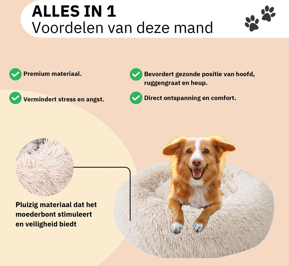 Donut Hondenmand - Kattenmand - Maat M - 60cm (ligvlak van 45cm) - Beige - Fluffy en Wasbaar thumbnail 3