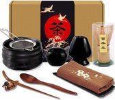 Service à thé japonais Matcha 10 pièces, bol à matcha, fouet à matcha, porte-fouet, cuillère à café, torchon, support en bambou, porte-cuillère, récipient à poudre de matcha (noir)