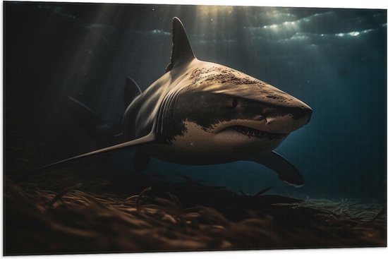 Vlag - Grote witte haai diep in de zee in donkere omgeving - 90x60 cm Foto op Polyester Vlag