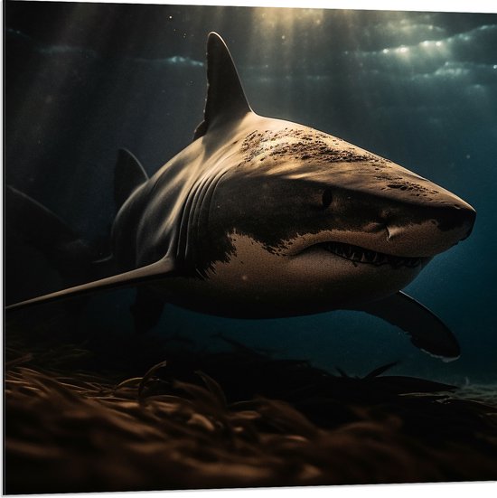 Dibond - Grote witte haai diep in de zee in donkere omgeving - 80x80 cm Foto op Aluminium (Wanddecoratie van metaal)