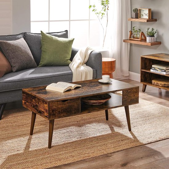 Wohnling Salontafel 90 x 40 x 45 cm, woonkamertafel van massief mangohout, rechthoekig, houten tafel met opbergruimte, salontafel met lade, robuuste woonkamertafel