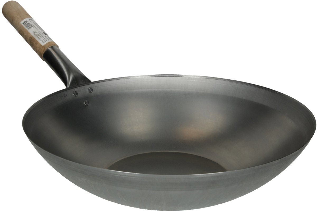 Stalen Wokpan - Ø 38 cm - Houten Handvat - Platte bodem - Traditioneel