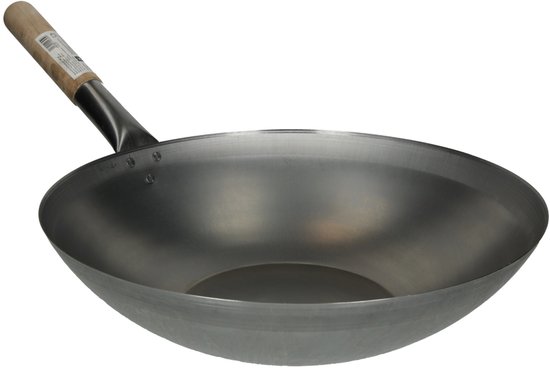 Poêle Wok en Acier - Ø 38 cm - Manche Bois - Fond Plat - Traditionnel