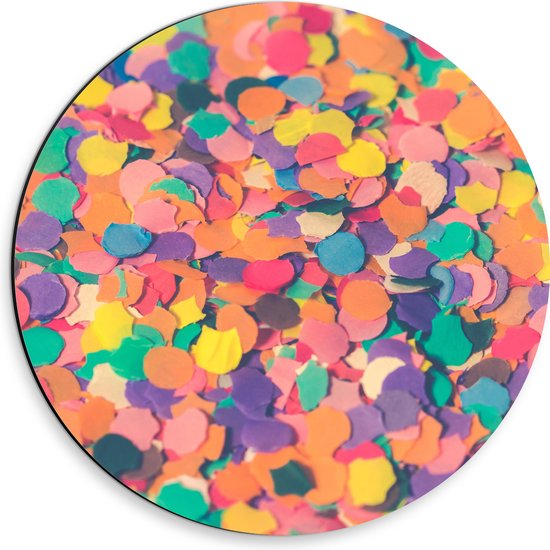 Dibond Muurcirkel - Confetti - Gekleurd - Vormen - Vrolijk - 30x30 cm Foto op Aluminium Muurcirkel (met ophangsysteem)
