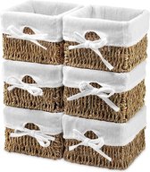 Set van 6 kleine rieten zeegras geweven manden, vierkante opbergkubusbakken met verwijderbare voeringen - 14 x 14 x 10 cm