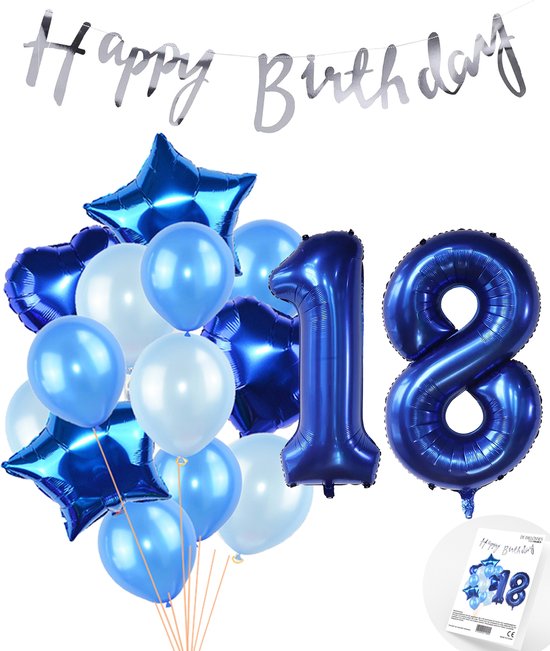 Snoes Ballonnen 18 Jaar Feestpakket – Versiering – Verjaardag Set Mason Blauw Cijferballon 18 Jaar - Heliumballon