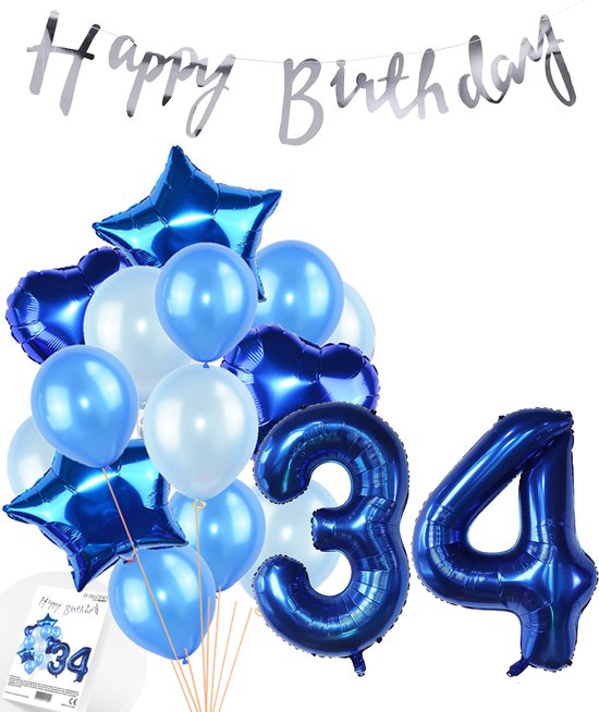 Snoes Ballonnen 34 Jaar Feestpakket – Versiering – Verjaardag Set Mason Blauw Cijferballon 34 Jaar - Heliumballon