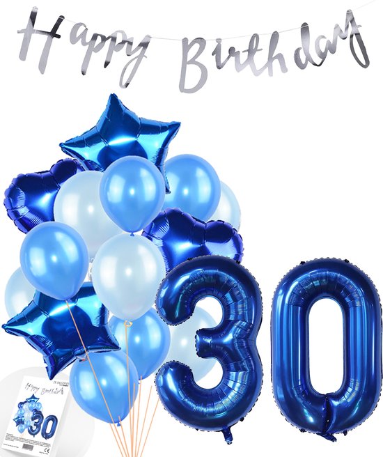 Snoes Ballonnen 30 Jaar Feestpakket – Versiering – Verjaardag Set Mason Blauw Cijferballon 30 Jaar - Heliumballon