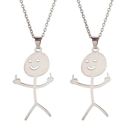 BFF Ketting voor 2 met Middelvinger poppetje Zilverkleurig - Vriendschapsketting Cadeau - Pax Amare