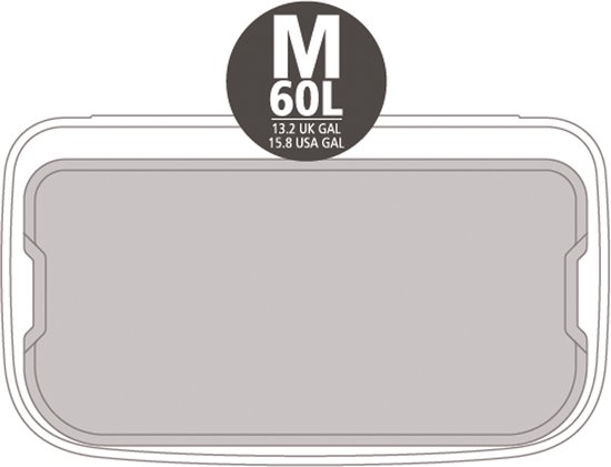Vue de dessus d'une poubelle Brabantia grise indiquant 'M 60L'.