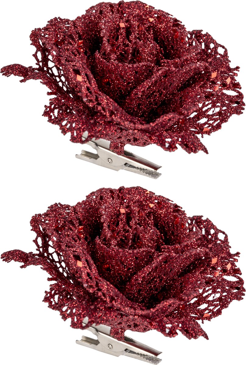Cosy & Trendy Kerstboomversiering Bloemen - 2x - 10 cm - rood glitter - op clip - ornament