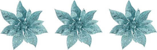 6x stuks decoratie bloemen kerststerren ijsblauw glitter op clip 15 cm - Decoratiebloemen/kerstboomversiering