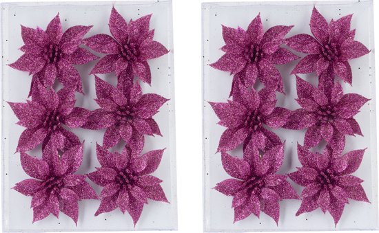 Foto: 18x stuks decoratie bloemen rozen fuchsia roze glitter op ijzerdraad 8 cm decoratiebloemen kerstboomversiering kerstversiering