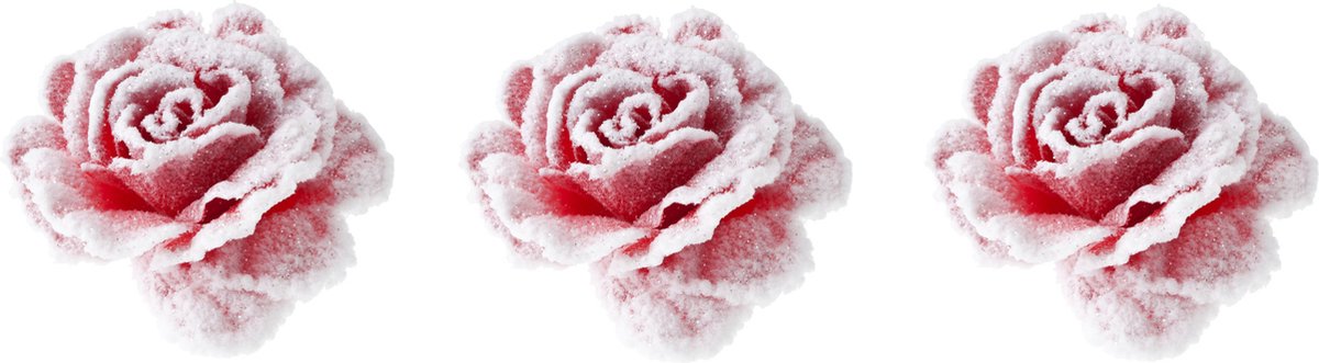 4x stuks decoratie bloemen roos roze met sneeuw op clip 15 cm - Decoratiebloemen/kerstboomversiering