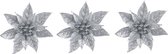 3x Kerstboomversiering op clip zilveren glitter bloem 15 cm - kerstboom decoratie - zilveren kerstversieringen