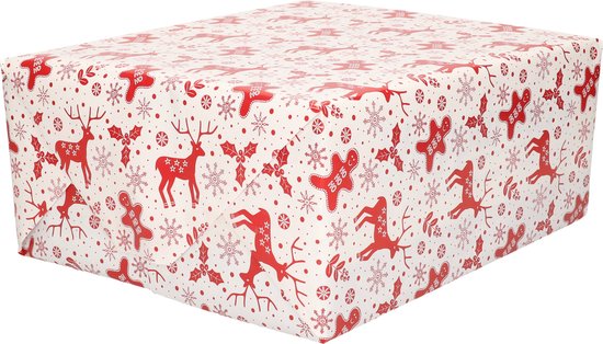 1x Rouleau de papier d'emballage de Noël imprimé blanc / rouge 2,5 x 0, 7m op rol de 70 grammes - Papier cadeau de qualité papier de Luxe / papier d'emballage - Noël