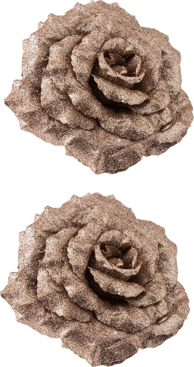 Cosy & Trendy 4x stuks decoratie bloemen roos champagne glitter op clip 18 cm - Decoratiebloemen/kerstboomversiering/kerstversiering
