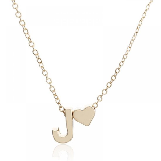 Foto: Initiaal ketting met letter j goudkleurig met letter hartje naam ketting cadeau geluksketting op kaartje pax amare