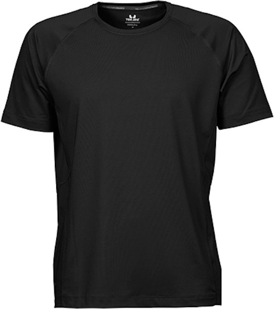 Zwart Tee Jays sportshirt met korte mouwen en ronde hals. Het shirt heeft raglanmouwen en een ademende stof.
