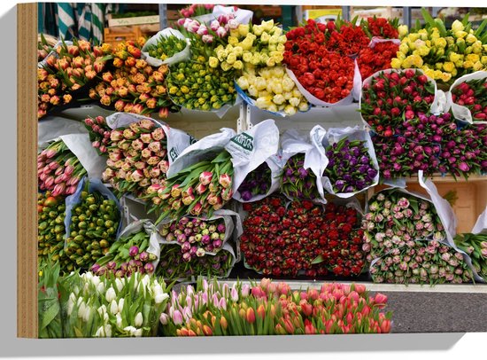 Hout - Markt - Bloemen - Tulpen - Rozen - Hout - Kleuren - 40x30 cm - 9 mm dik - Foto op Hout (Met Ophangsysteem)
