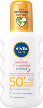 NIVEA SUN Sensitive Immediate Protect Zonnebrand Spray SPF 50 +- Gevoelige huid - Met bio aloë vera - Parfumvrij - Zonbescherming - 200 ml