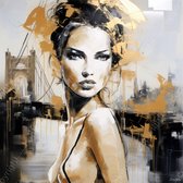 JJ-Art (Canvas) 100x100 | Vrouw, gezicht, Brooklyn Bridge, New York, Amerika, abstract, kunst | portret, mens, stad, brug, bruin, grijs, goud, vierkant, modernFoto-Schilderij canvas print (wanddecoratie)