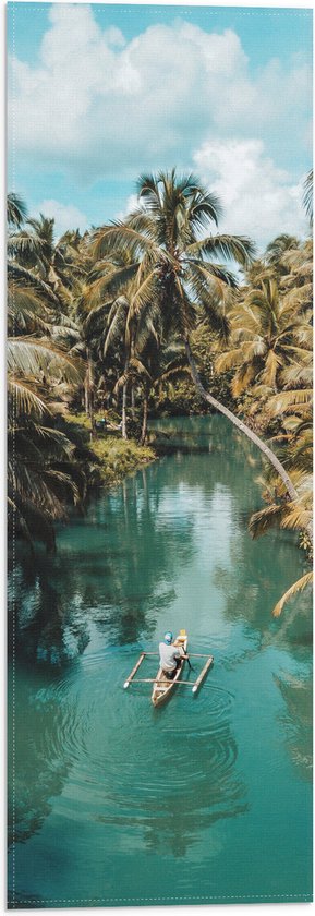 Vlag - Persoon - Bootje - Water - Blauw - Bomen - Palmbomen - Groen - Tropisch - 20x60 cm Foto op Polyester Vlag