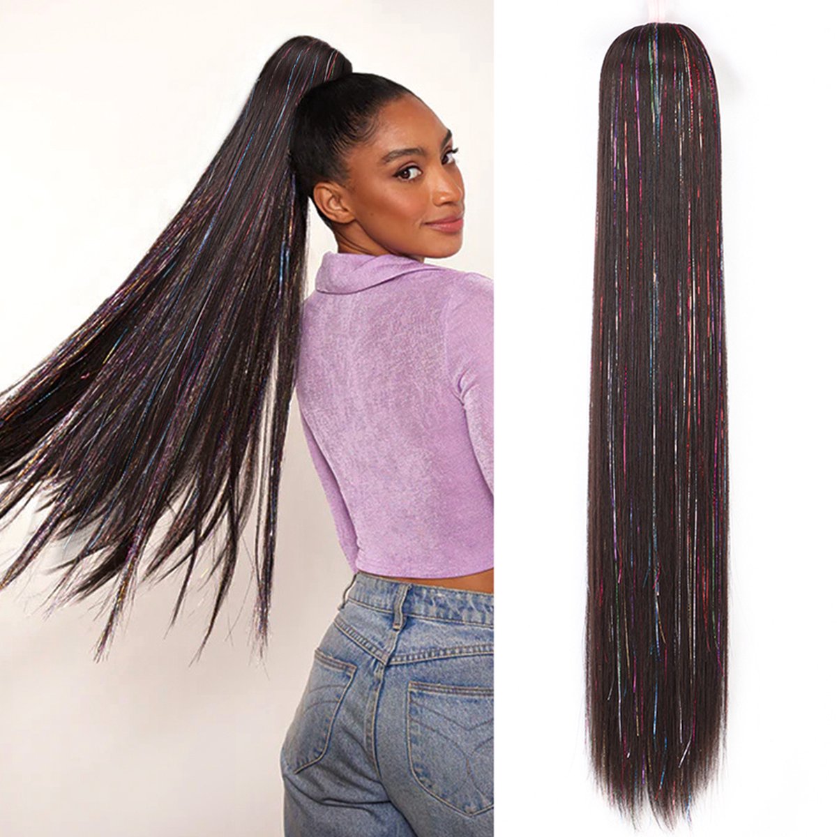 Miss Ponytails - Straight ponytail extentions - 26 inch - Bruin 4C met glitter - Hair extentions - Haarverlenging