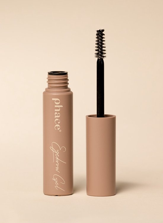 Phace Brow Gel - Clear Waters. Beige flesje met een zwarte borstel en dop.