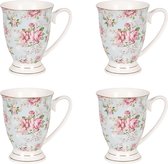 HAES DECO - Mugs lot de 4 - taille 11x8x10 cm / 300 ml - couleurs Blauw / Rose / Vert - Imprimé de Fleurs - Collection : Mug - Ensemble de mugs, Mug à café, Tasse à café