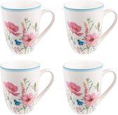 HAES DECO - Mug set de 4 - dim. 12x8x10 cm / 360 ml - coloris Wit / Rose / Blauw - Imprimé Fleurs - Collection : Perky Poppies - Mug set, Coffee mug, Coffee cup