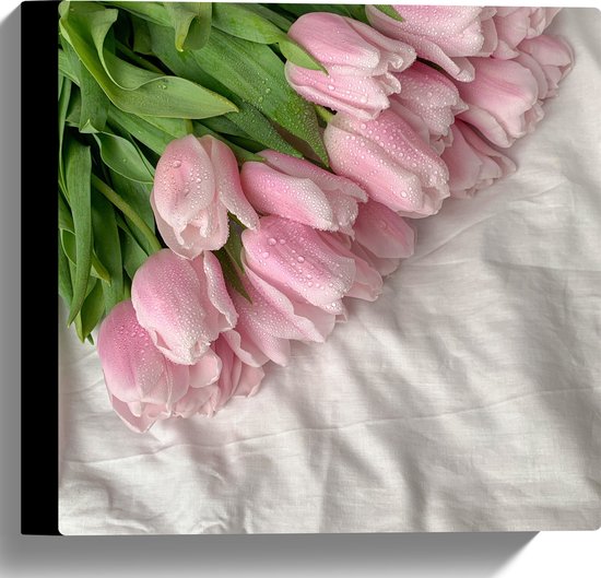 Canvas - Bloemen - Tulpen - Druppels - Doek - Roze - 30x30 cm Foto op Canvas Schilderij (Wanddecoratie op Canvas)