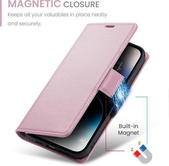Coque de téléphone rose clair en similicuir, fermée par une bande magnétique. Montre la fermeture magnétique.