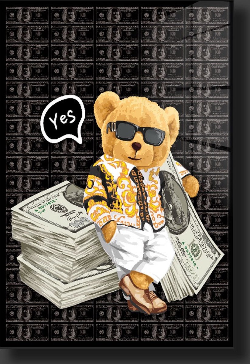 crazy rich bear schilderij op plexiglas 60x90cm