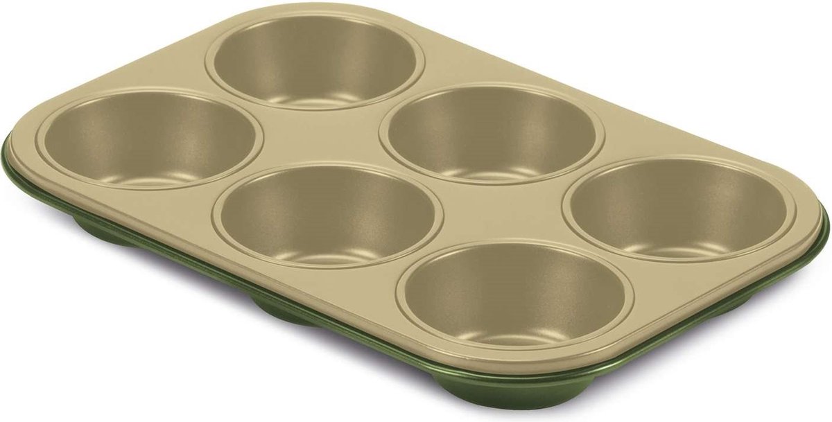 Guardini Bake Natural Muffinvorm - Cakeblik - Muffin Bakvormen - Muffin 6 Stuks - Taartvorm - Cakevorm - Staal - Groen & Goud