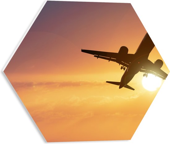 PVC Schuimplaat Hexagon - Silhouet van Passagiersvliegtuig Vliegend langs de Zon - 40x34.8 cm Foto op Hexagon (Met Ophangsysteem)