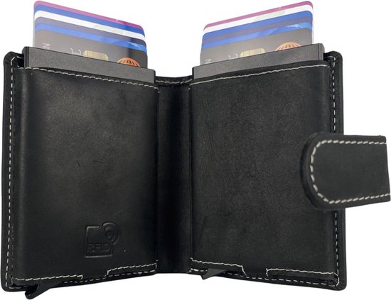 Porte-cartes extensible - Cuir Zwart - Double porte-cartes de crédit - RFID - Poche zippée pour pièces de monnaie