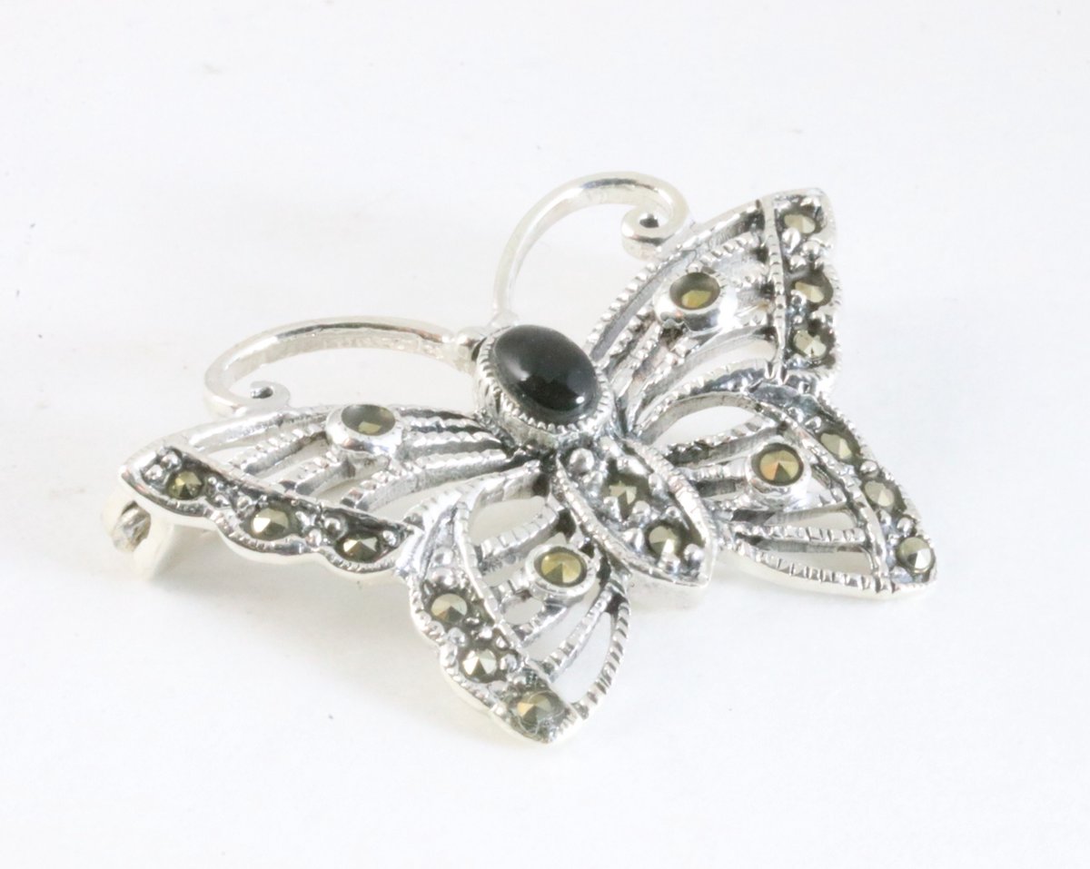 Broche Ancienne En Métal Et Onyx Argenté - Bijou Vintage Français - Occasion