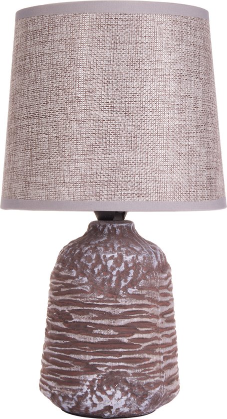 BRUBAKER tafellamp bedlampje - 27,5 cm - grijs bruin - keramische lampvoet met structuur - linnen scherm grijs