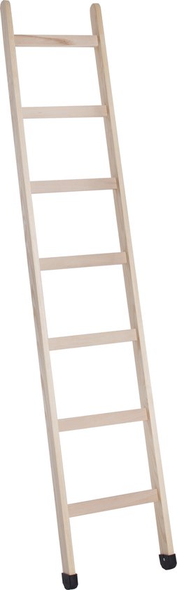 Houten ladder met 6 sporten, staand op zwarte rubberen voetjes.