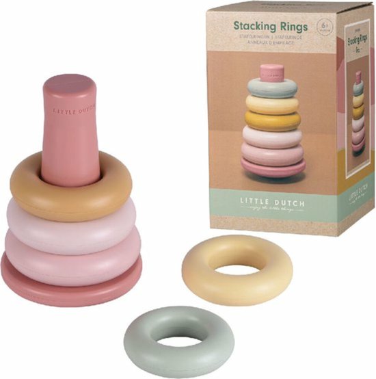 Doos met stapelringen en losse ringen, roze met pastelkleuren. De doos toont een afbeelding van de stapelringenset.