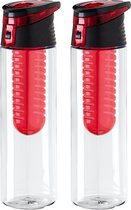 Waterfles/sportfles/drinkfles Waterprofs - 2x - transparant/rood - kunststof - 740 ml - met fruit filter