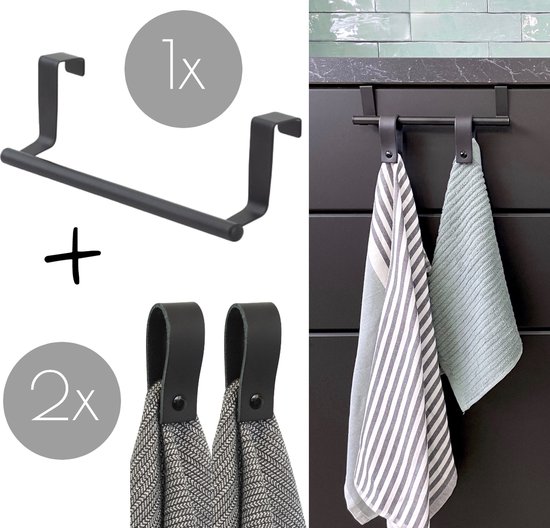 Handdoekstang over keukenkastdeur - 23cm Zwart + 2x leren magneet-lus - Voor 2 handdoekjes - inclusief nano plakstrips / handdoekrek keukenkast - deurhaak