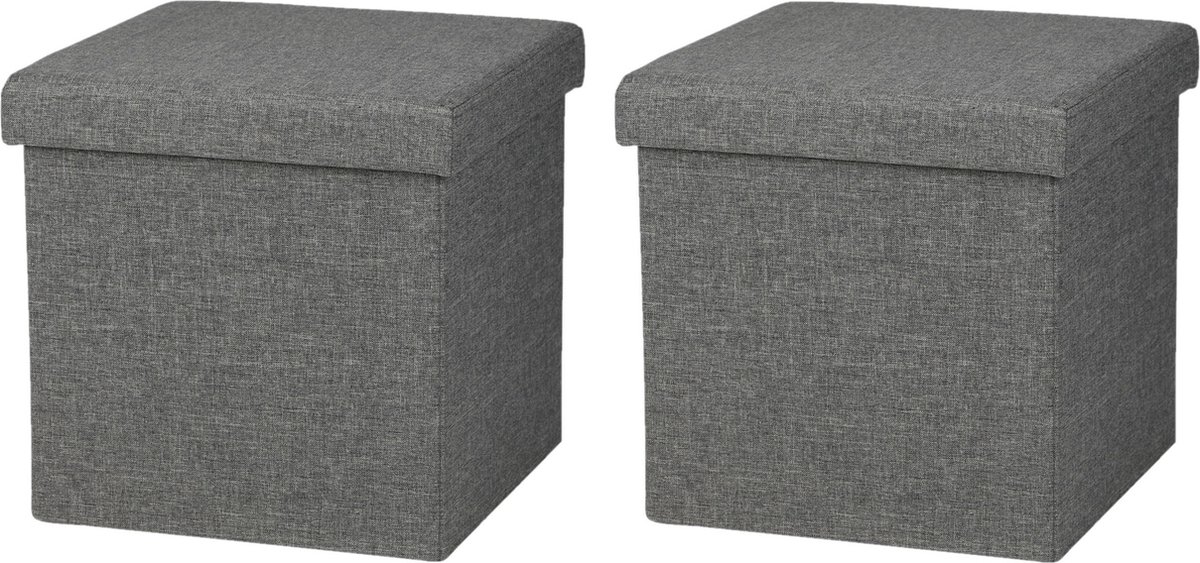 Urban Living Poef/hocker - 2x - opbergbox zit krukje - donkergrijs - linnen/mdf - 37 x 37 cm - opvouwbaar Dark grey