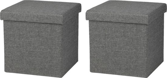 Urban Living Pouf/hocker - 2x - tabouret de siège de boîte de rangement - gris foncé - lin/mdf - 37 x 37 cm - pliable