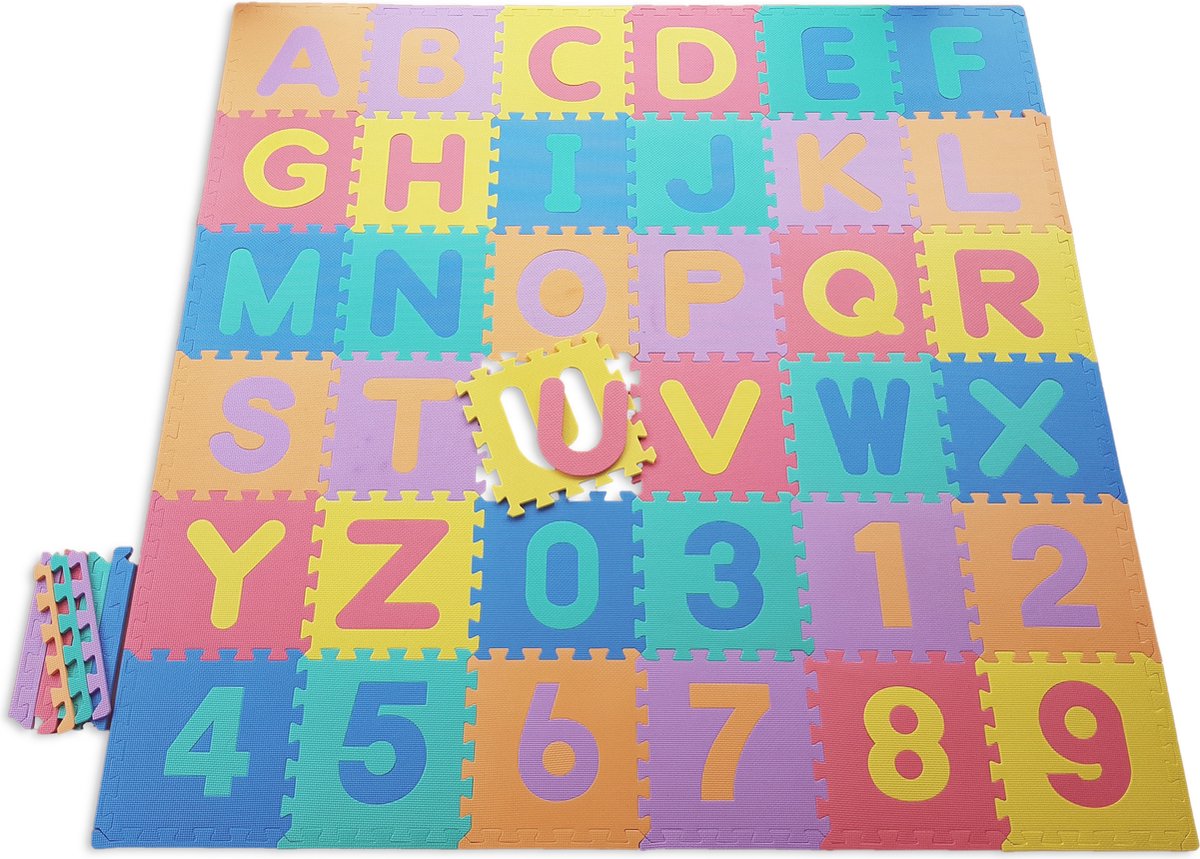 ABC / 123 Foam Puzzel Speelmat - 36 Speelmatten - 121 delig - Uitneembare Figuren - Afwerkranden - Multi Kleuren - Puzzelmat 182x182x1cm - Merkloos