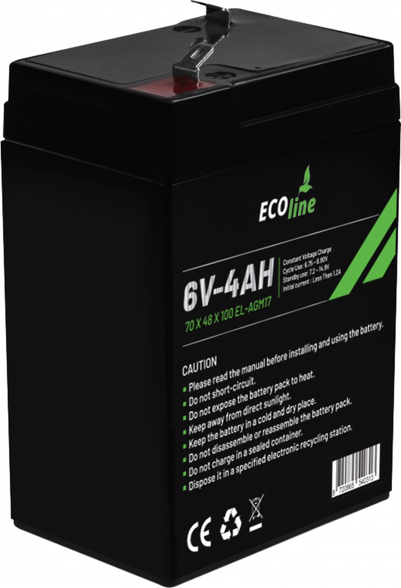 EcoLine - AGM 6V 4AH - 4000mAh VRLA Batterij - 70 x 48 x 100 - Deep Cycle Accu.