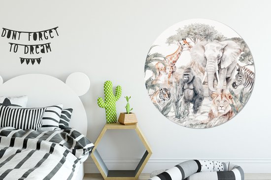 WallCircle - Papier peint cercle - Stickers muraux chambre d'enfant - Animaux - Jungle - Aquarelle - Enfants - Sticker mural - Décoration murale ronde - Sticker papier peint - Stickers muraux ronds - 120x120 cm - Stickers muraux - Sticker mural