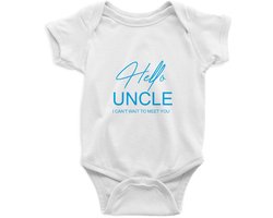 Hello Uncle Rompertje - Blauw Print , Maat S, 0-3 maanden, 50/56, go max, Korte Mouw, Nieuw Baby Cadeau, Zwangerschap , Aankondiging , Romper Baby Jongen Meisje