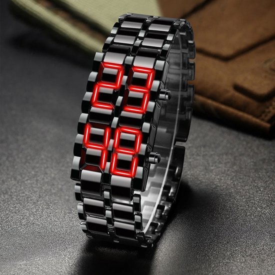Montre-bracelet de Lava numérique unisexe Zwart plein métal rouge Blauw LED  affichage